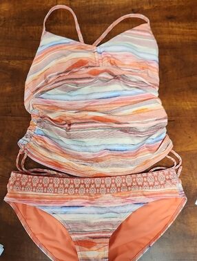 Prana Coral Orange Striped Tankini Top and Bottom Set